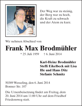 Anzeige von Frank Max Brodmühler von  Schlossbote/Werbekurier 