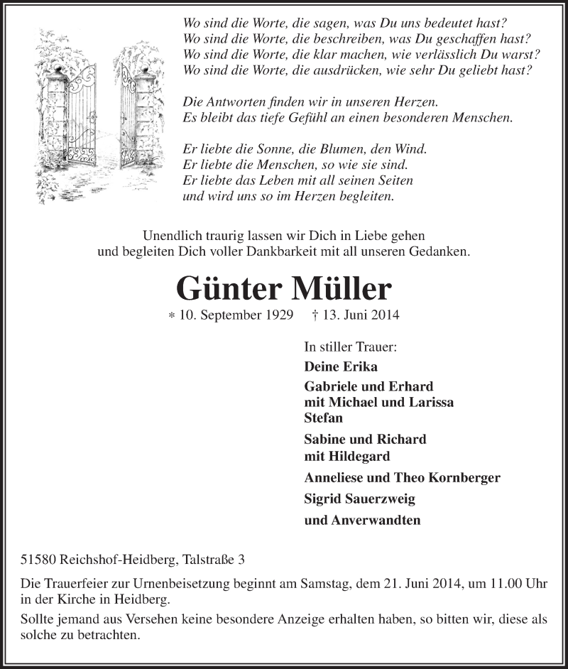  Traueranzeige für Günter Müller vom 18.06.2014 aus  Anzeigen Echo  Lokalanzeiger 