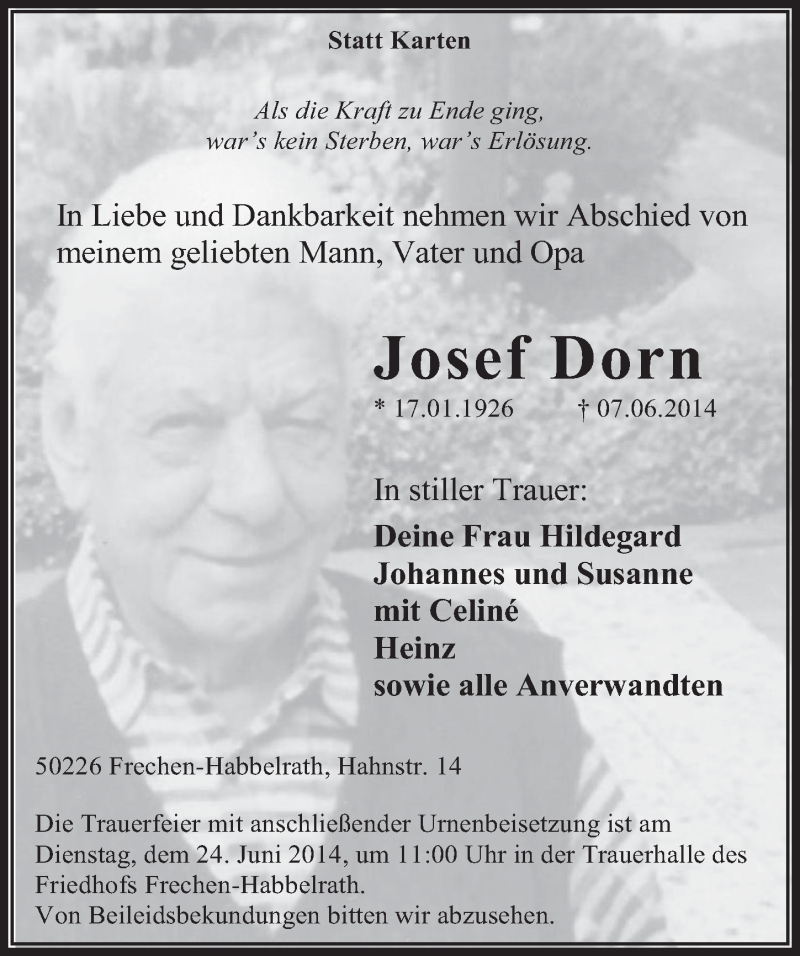  Traueranzeige für Josef Dorn vom 18.06.2014 aus  Wochenende 