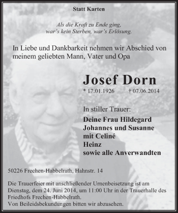 Anzeige von Josef Dorn von  Wochenende 