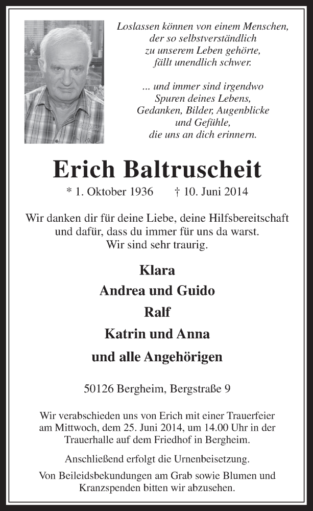  Traueranzeige für Erich Baltruscheit vom 18.06.2014 aus  Werbepost 