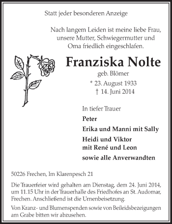Anzeige von Franziska Nolte von  Sonntags-Post 