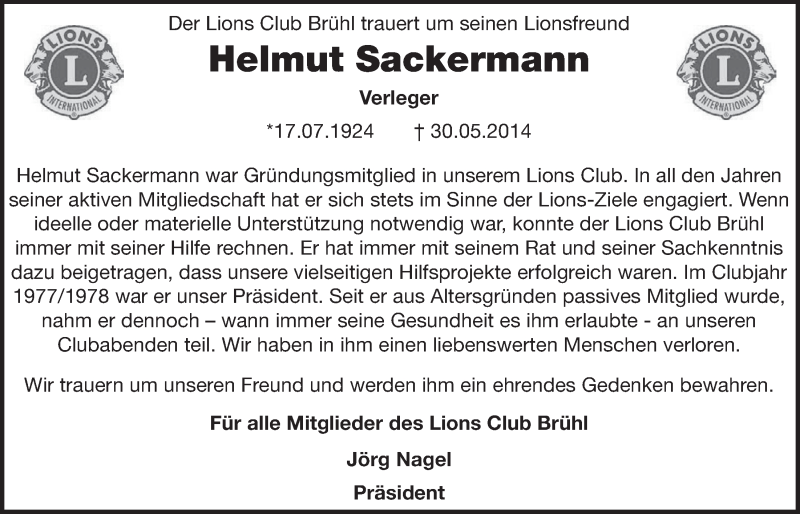  Traueranzeige für Helmut Sackermann vom 18.06.2014 aus  Schlossbote/Werbekurier 