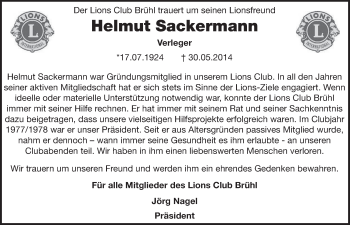 Anzeige von Helmut Sackermann von  Schlossbote/Werbekurier 
