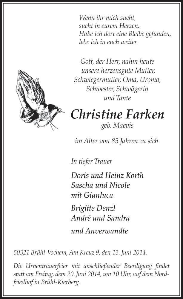  Traueranzeige für Christine Farken vom 18.06.2014 aus  Schlossbote/Werbekurier 