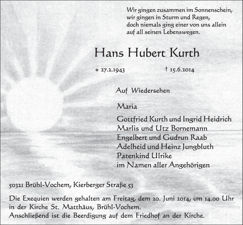  Traueranzeige für Hubert Kurth vom 18.06.2014 aus  Schlossbote/Werbekurier 
