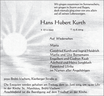 Anzeige von Hubert Kurth von  Schlossbote/Werbekurier 