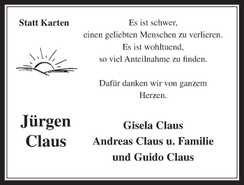 Anzeige von Jürgen Claus von  Wochenende 