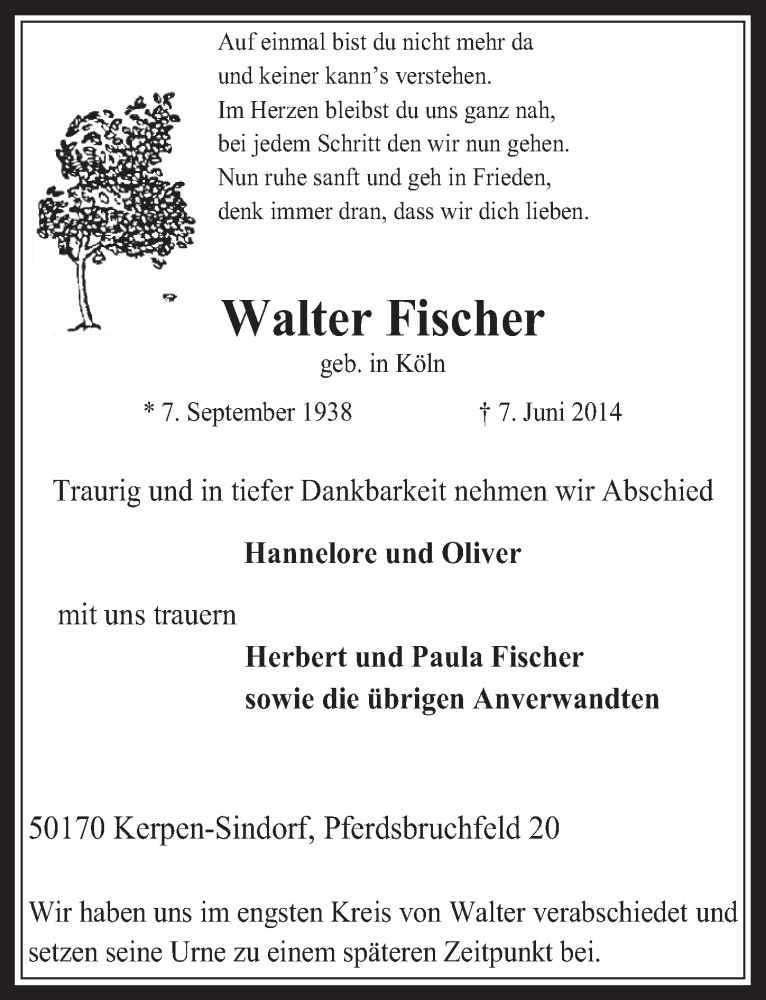  Traueranzeige für Walter Fischer vom 18.06.2014 aus  Werbepost 