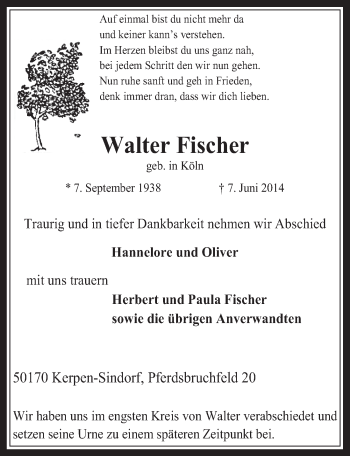 Anzeige von Walter Fischer von  Werbepost 