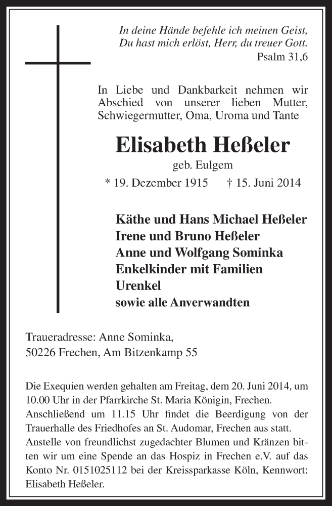  Traueranzeige für Elisabeth Heßeler vom 18.06.2014 aus  Wochenende 