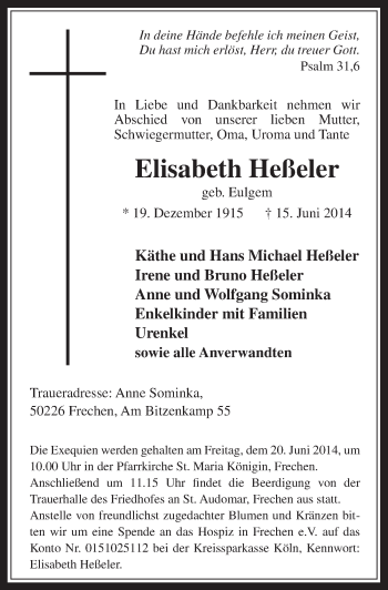 Anzeige von Elisabeth Heßeler von  Wochenende 