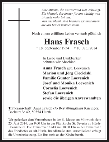 Anzeige von Hans Frasch von  Wochenende 