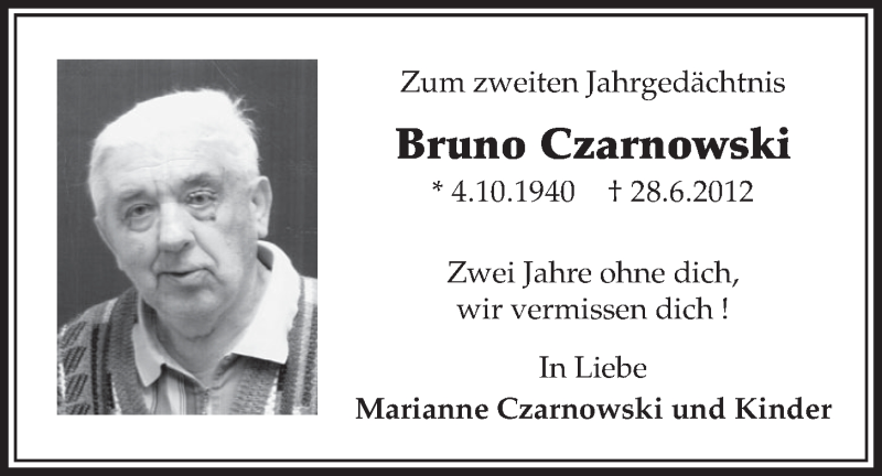  Traueranzeige für Bruno Czarnowski vom 25.06.2014 aus  Schlossbote/Werbekurier 