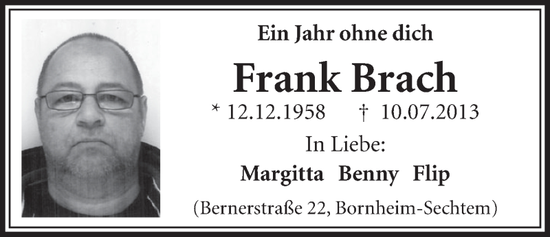  Traueranzeige für Frank Brach vom 09.07.2014 aus  Schlossbote/Werbekurier 