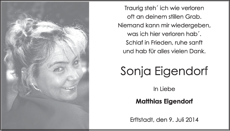  Traueranzeige für Sonja Eigendorf vom 09.07.2014 aus  Schlossbote/Werbekurier 