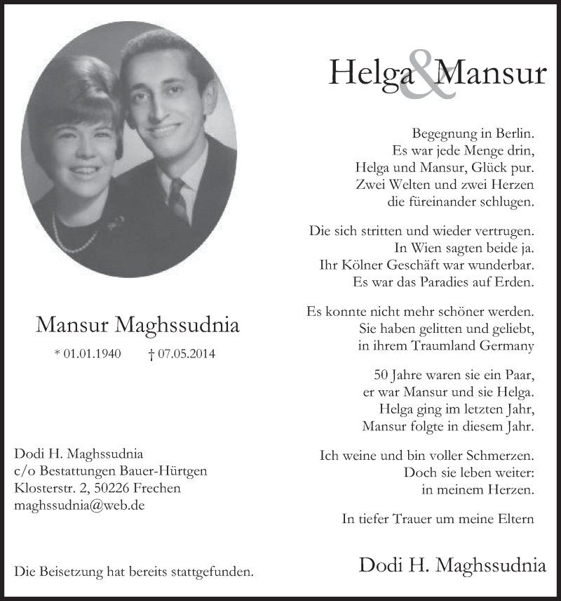 Traueranzeige für Mansur Maghssudnia vom 21.06.2014 aus  Sonntags-Post 