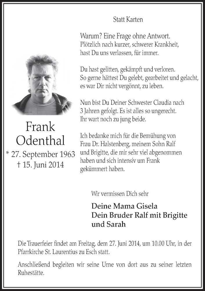  Traueranzeige für Frank Odenthal vom 21.06.2014 aus  Sonntags-Post 