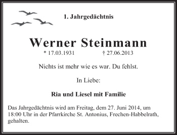 Anzeige von Werner Steinmann von  Wochenende 