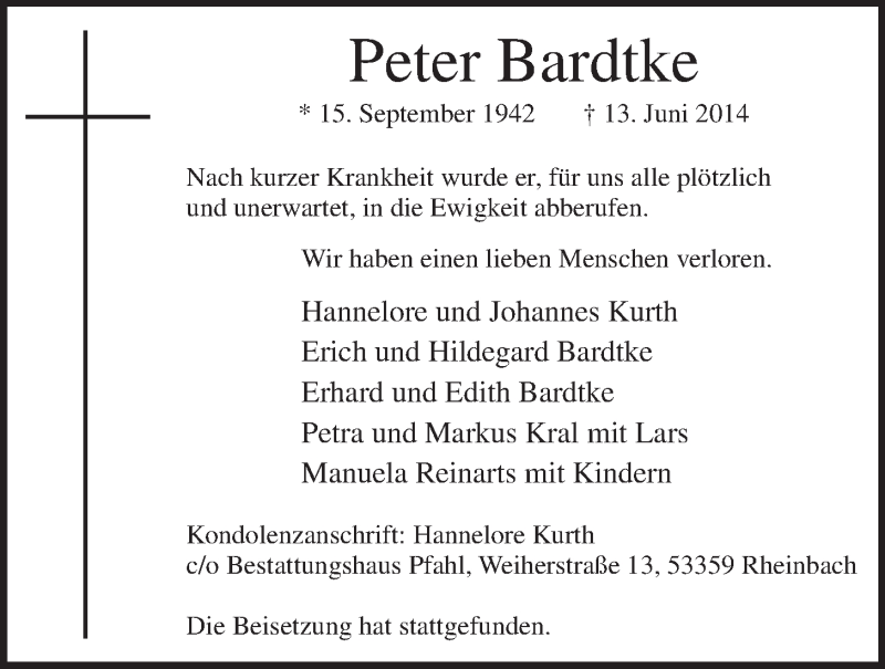  Traueranzeige für Peter Bardtke vom 25.06.2014 aus  Schaufenster/Blickpunkt 