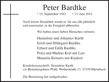 Anzeige von Peter Bardtke von  Schaufenster/Blickpunkt 