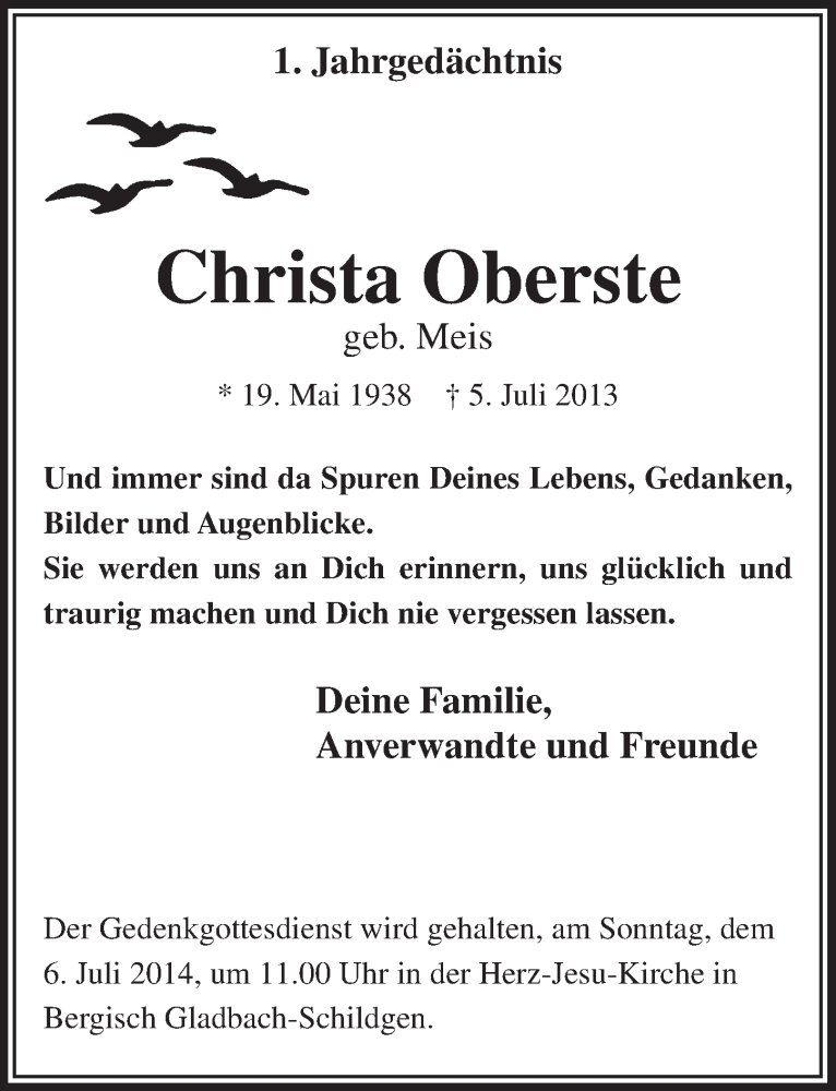  Traueranzeige für Christa Oberste vom 02.07.2014 aus  Bergisches Handelsblatt 