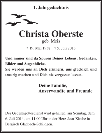 Anzeige von Christa Oberste von  Bergisches Handelsblatt 