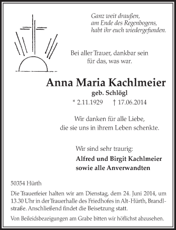 Anzeige von Anna Maria Kachlmeier von  Sonntags-Post 