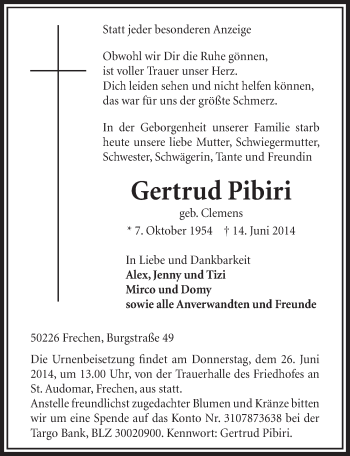 Anzeige von Gertrud Pibiri von  Sonntags-Post 