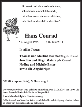 Anzeige von Hans Conrad von  Sonntags-Post 