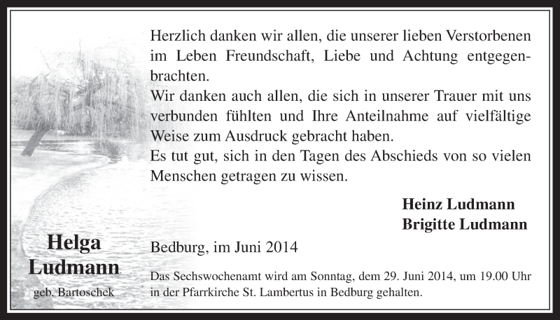  Traueranzeige für Helga Ludmann vom 25.06.2014 aus  Werbepost 