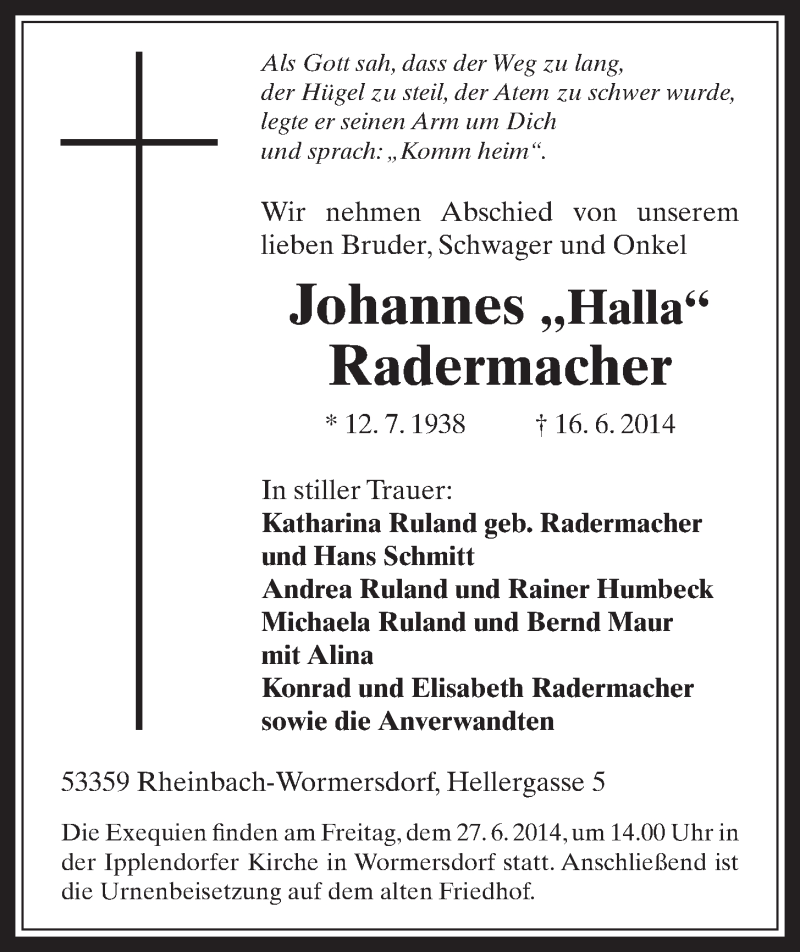  Traueranzeige für Johannes Radermacher vom 25.06.2014 aus  Schaufenster/Blickpunkt 