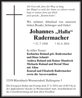 Anzeige von Johannes Radermacher von  Schaufenster/Blickpunkt 