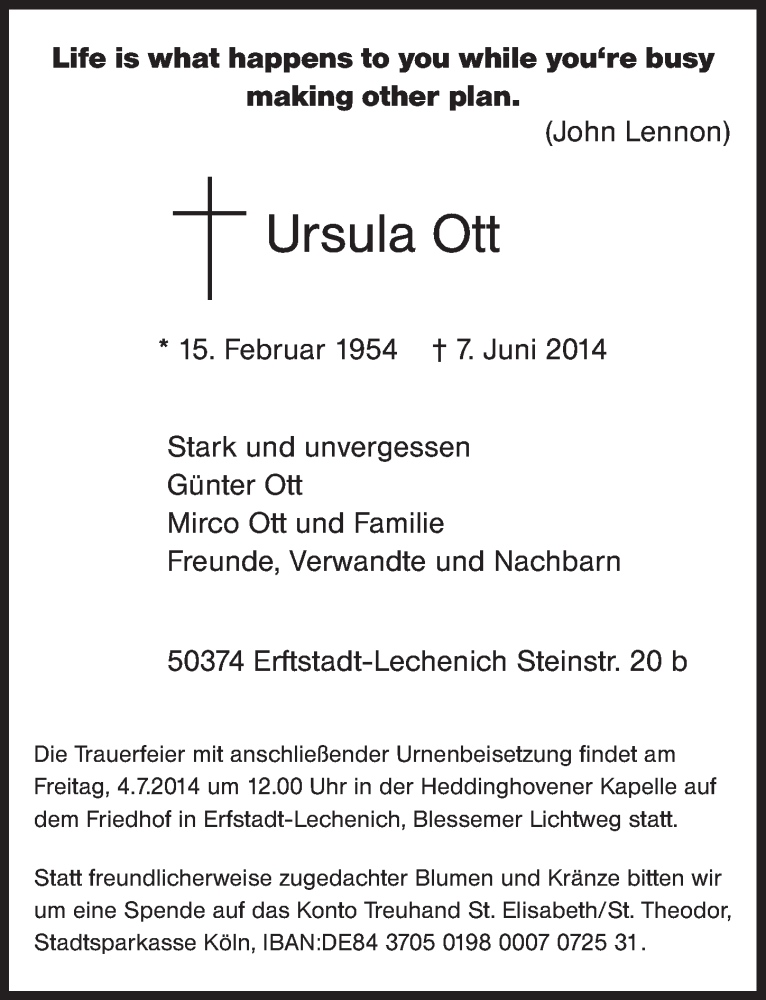  Traueranzeige für Ursula Ott vom 21.06.2014 aus  Sonntags-Post 