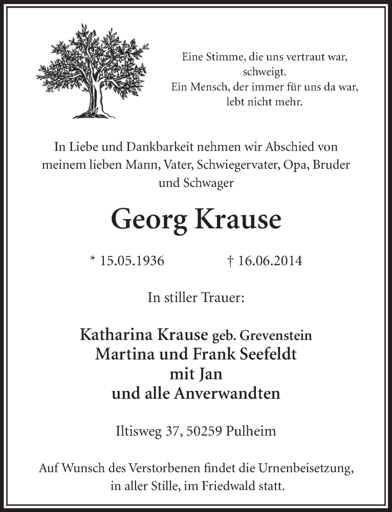  Traueranzeige für Georg Krause vom 21.06.2014 aus  Sonntags-Post 