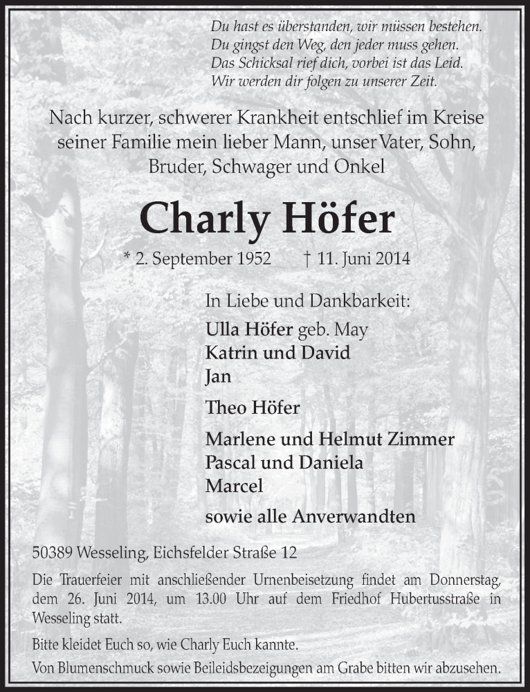  Traueranzeige für Charly Höfer vom 25.06.2014 aus  Schlossbote/Werbekurier 