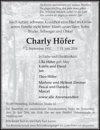 Anzeige von Charly Höfer von  Schlossbote/Werbekurier 