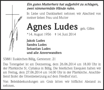 Anzeige von Agnes Ludes von  Blickpunkt Euskirchen 