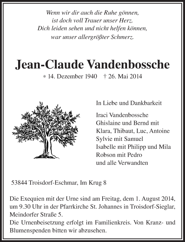  Traueranzeige für Jean-Claude Vandenbossche vom 16.07.2014 aus  Kölner Wochenspiegel 