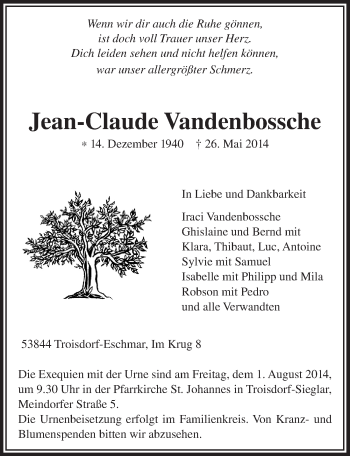 Anzeige von Jean-Claude Vandenbossche von  Kölner Wochenspiegel 