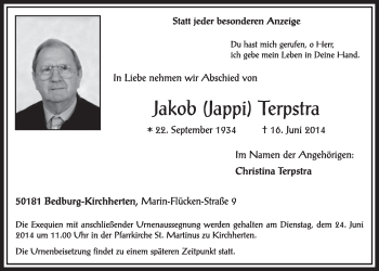 Anzeige von Jakob Terpstra von  Sonntags-Post 
