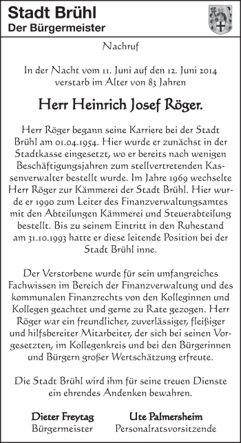 Anzeige von Heinrich Josef Röger von  Schlossbote/Werbekurier 