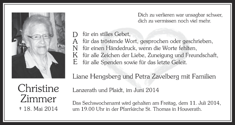  Traueranzeige für Christine Zimmer vom 06.07.2014 aus  Blickpunkt Euskirchen 