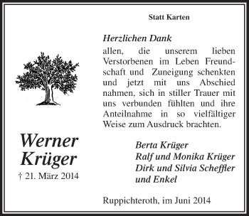Anzeige von Werner Krüger von  Lokalanzeiger 