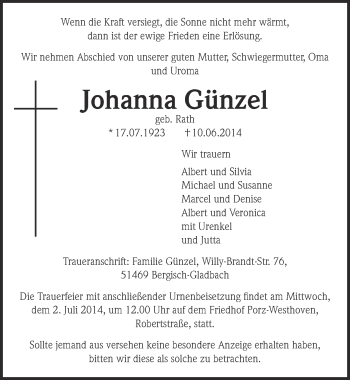 Anzeige von Johanna Günzel von  Kölner Wochenspiegel 