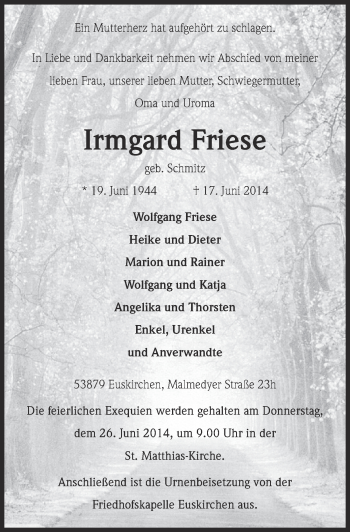 Anzeige von Irmgard Friese von  Blickpunkt Euskirchen 