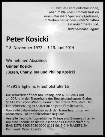Anzeige von Peter Kosicki von  Kölner Wochenspiegel 