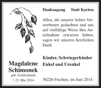 Anzeige von Magdalene Schimonek von  Wochenende 