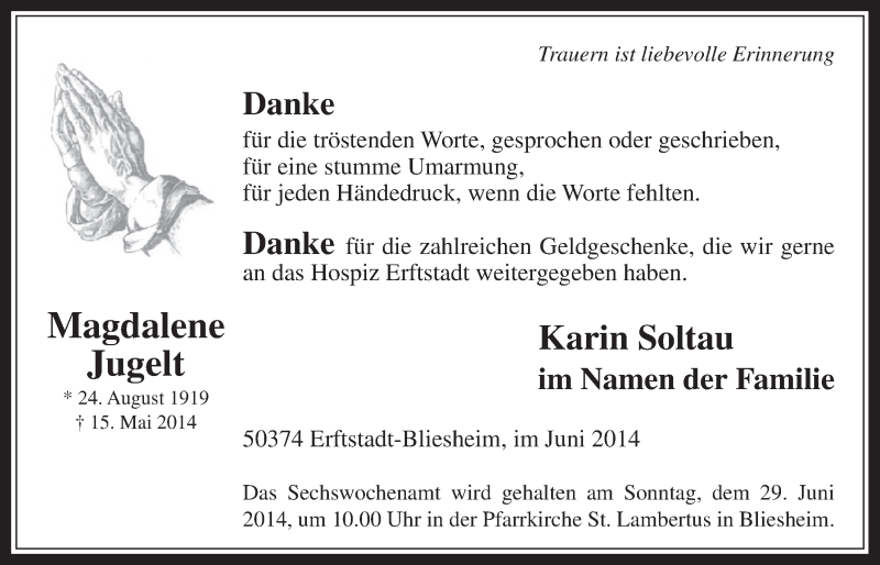  Traueranzeige für Magdalene Jugelt vom 25.06.2014 aus  Werbepost 