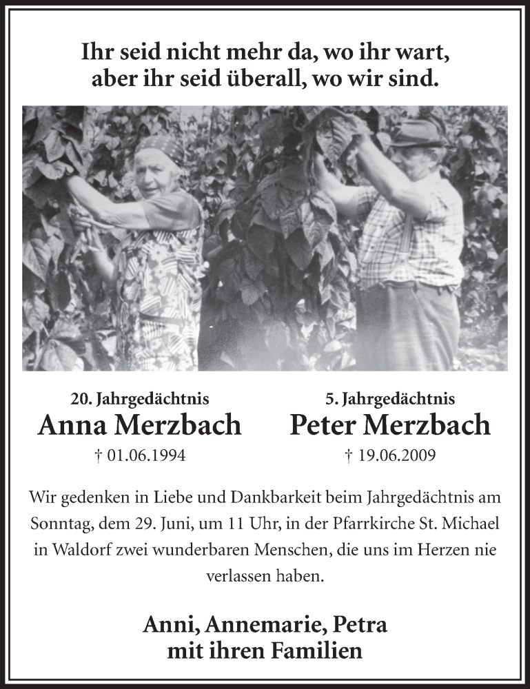  Traueranzeige für Anna und Peter Merzbach vom 25.06.2014 aus  Schaufenster/Blickpunkt  Schlossbote/Werbekurier 